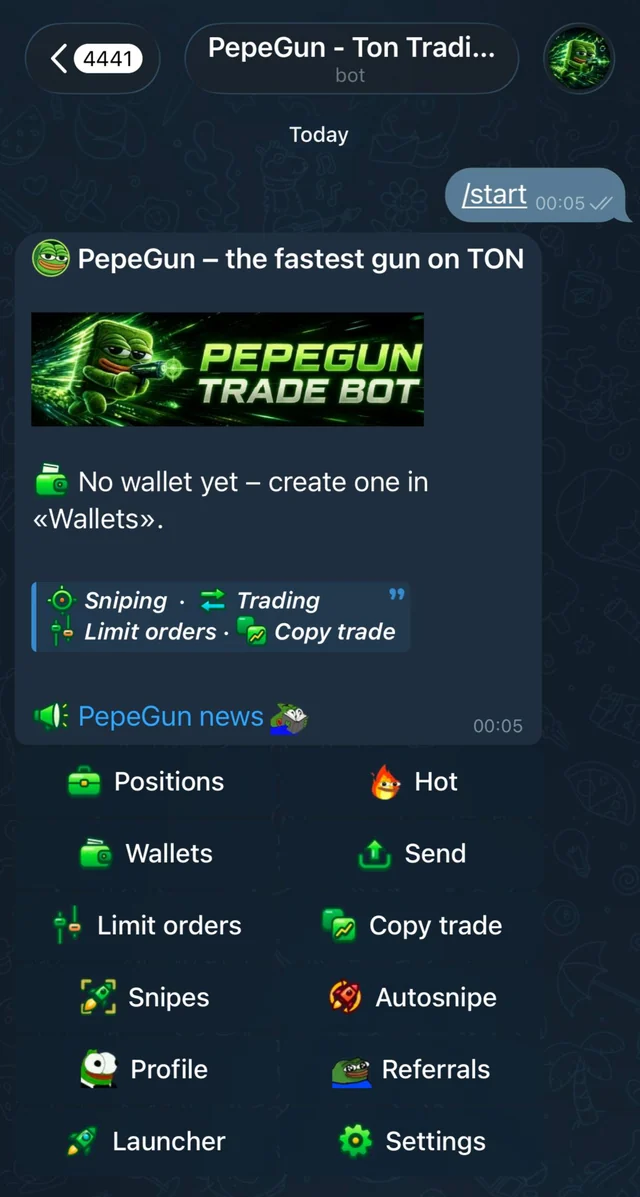 Меню бота PepeGun в Telegram